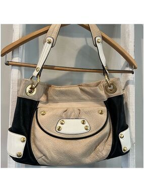 B Makowsky peddled leather color block graphic leopard interior shoulder bag